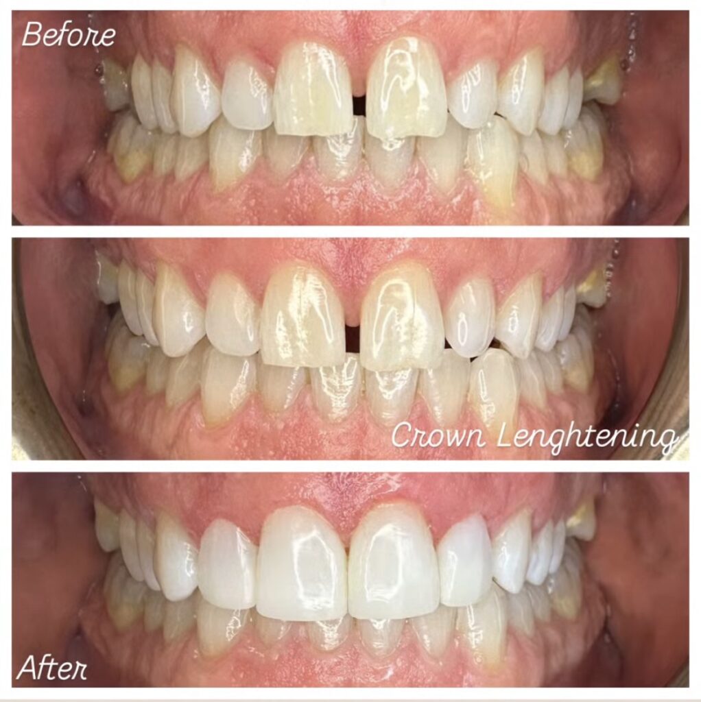 Before and after crown lengthening and composite veneers improving tooth proportions and smile symmetry